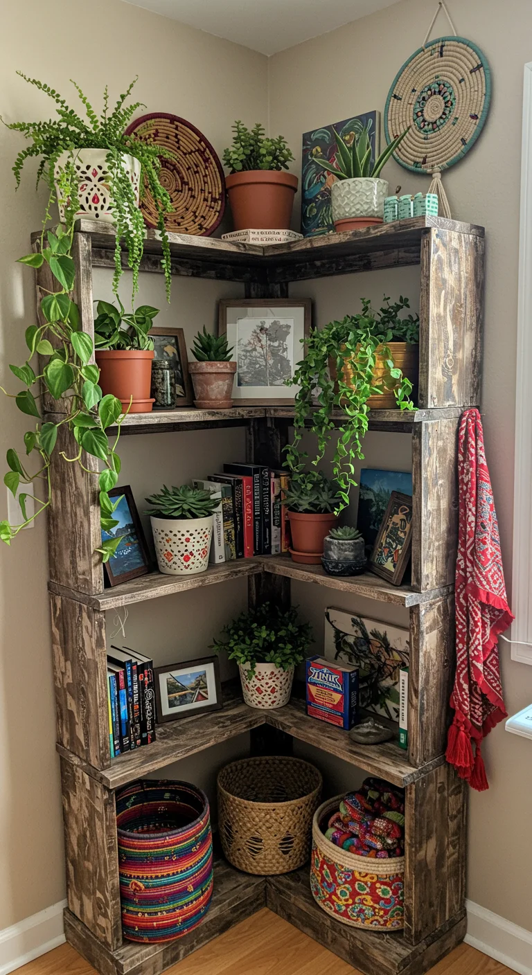 3. Boho Chic: Corner Shelves with a Touch of Nature