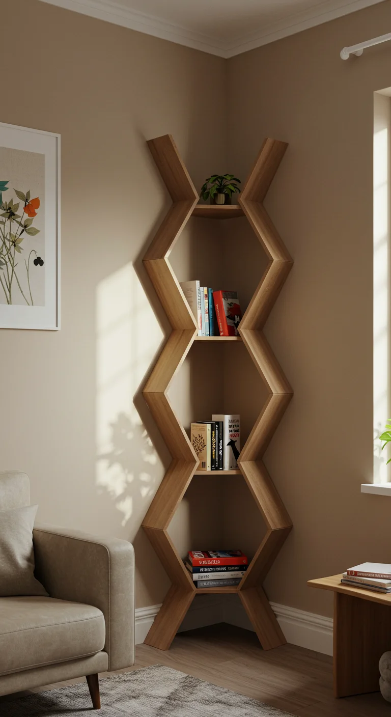 7. Geometric Shapes: Sculptural Corner Bookshelves