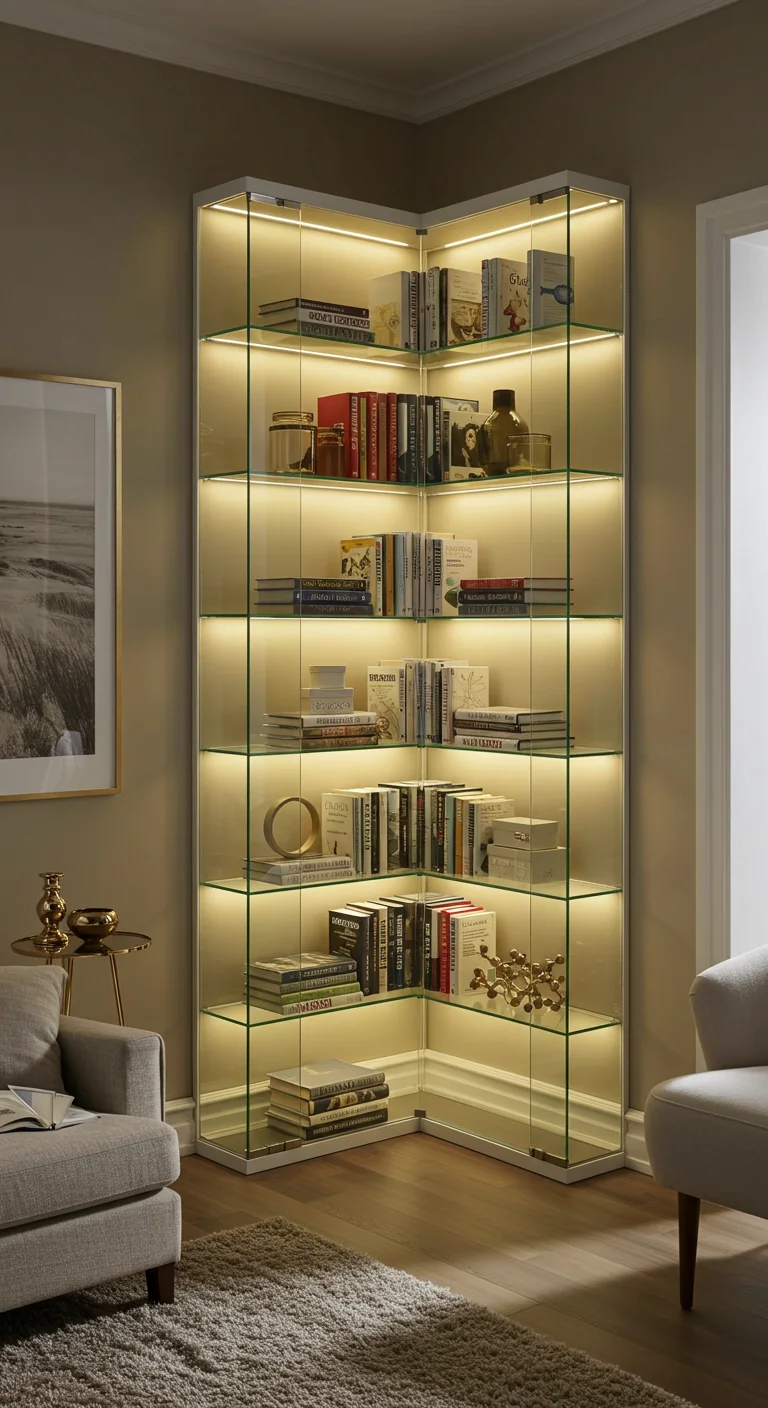 13. Glass and Light: Illuminated Corner Bookshelves
