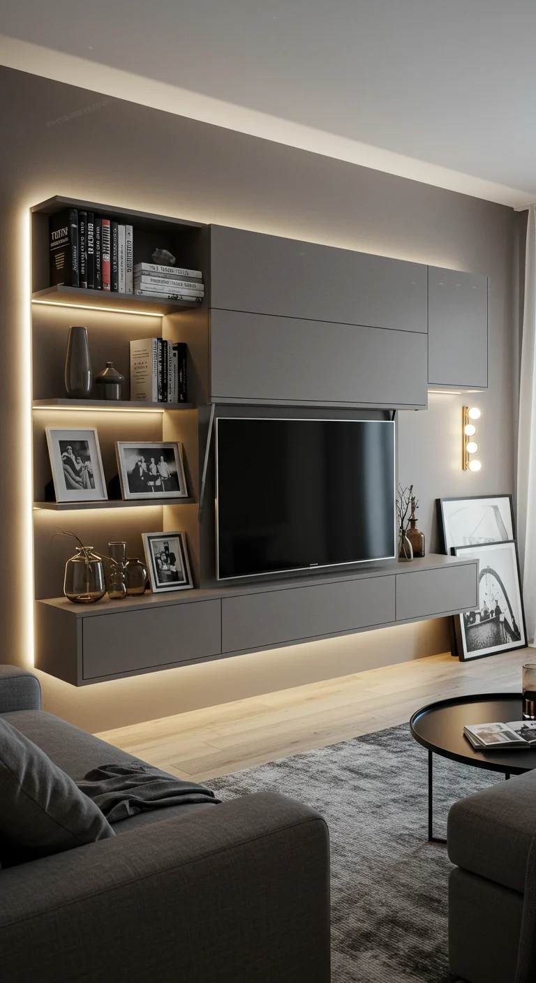 5. Floating Dreams: Wall-Mounted Shelves with Disappearing TVs