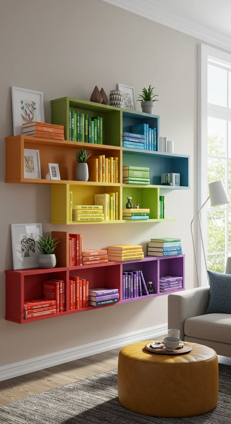 17. Floating Fantasies: Colorful Wall-Mounted Bookshelves