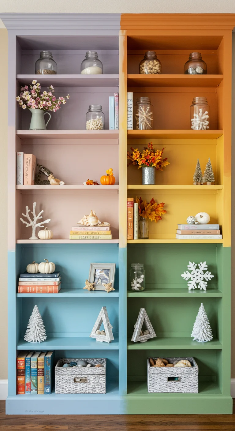 20. Seasonal Splashes: Bookshelves that Change with the Seasons
