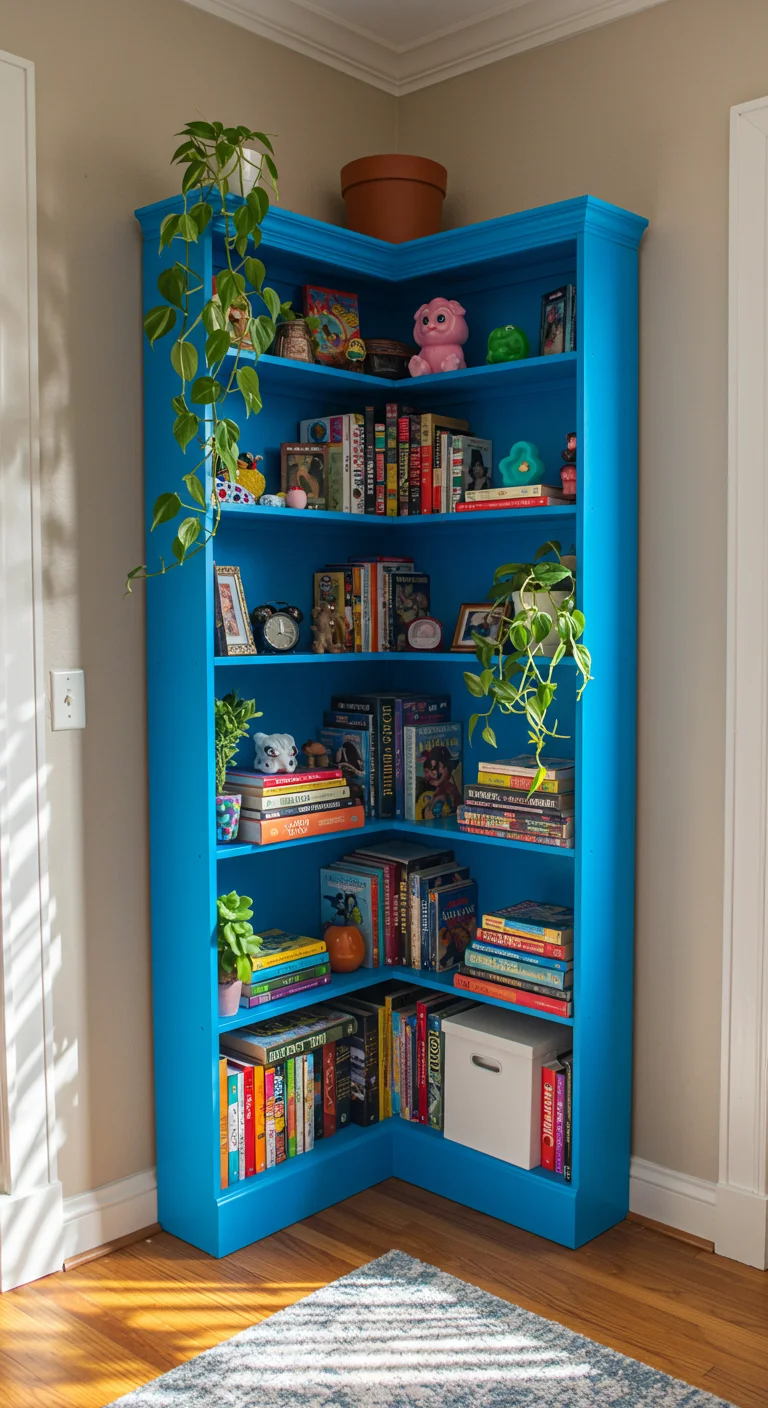 6. Color Pop: Bright and Bold Corner Bookshelves