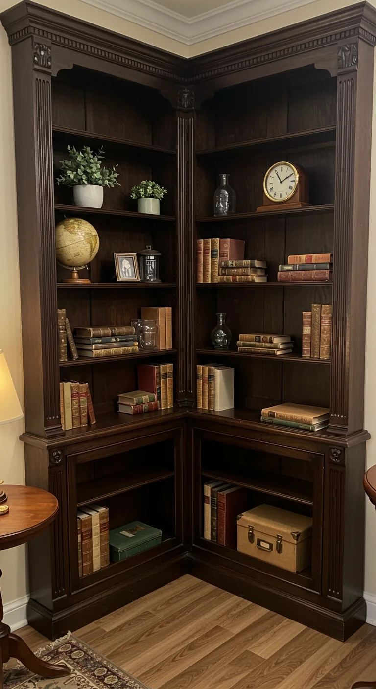 8. Vintage Vibes: Antique Corner Bookshelves with Character