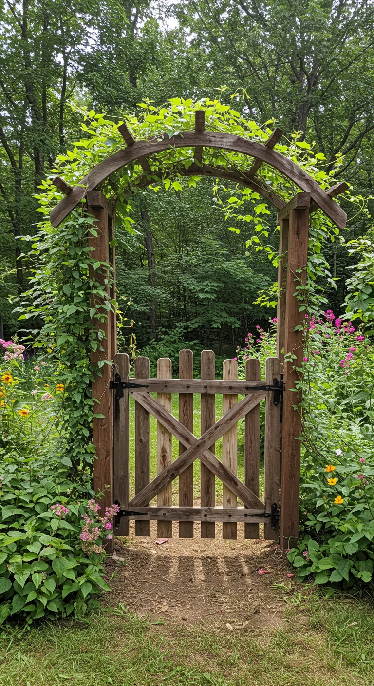 10. Rustic Retreat: Incorporating Natural Wood into Your Moon Gate