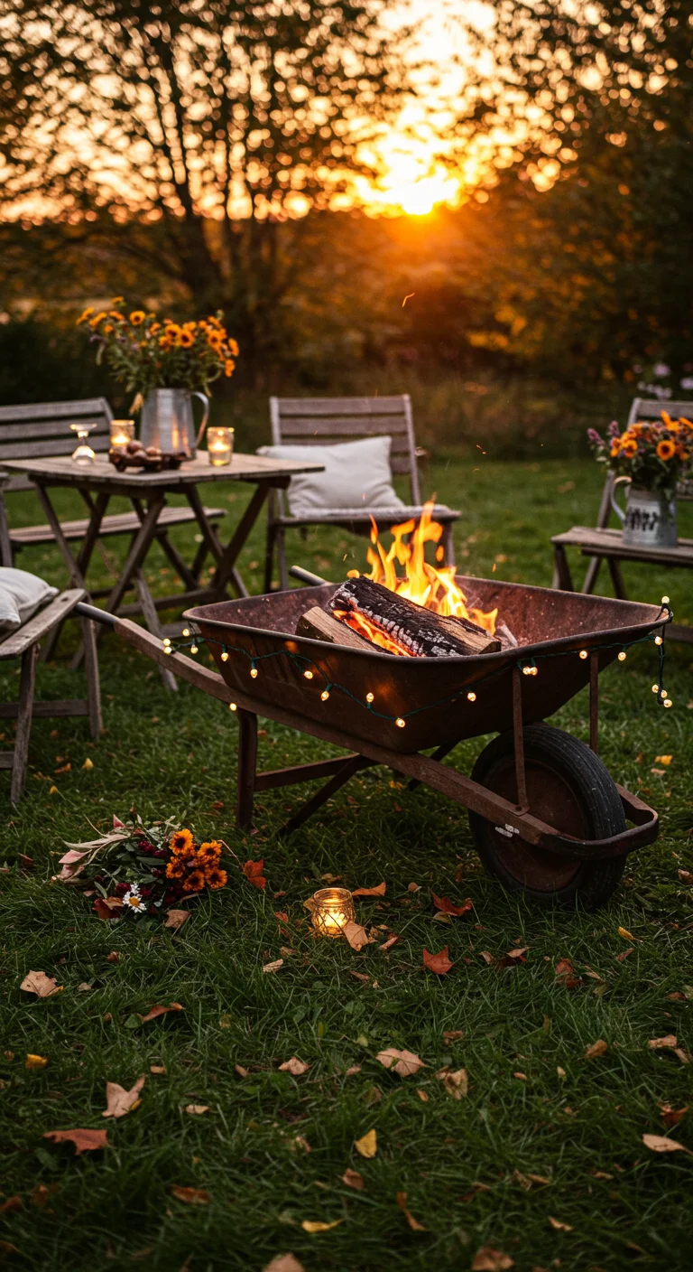 6. Upcycled Elegance: Using a Vintage Wheelbarrow as a Fire Pit