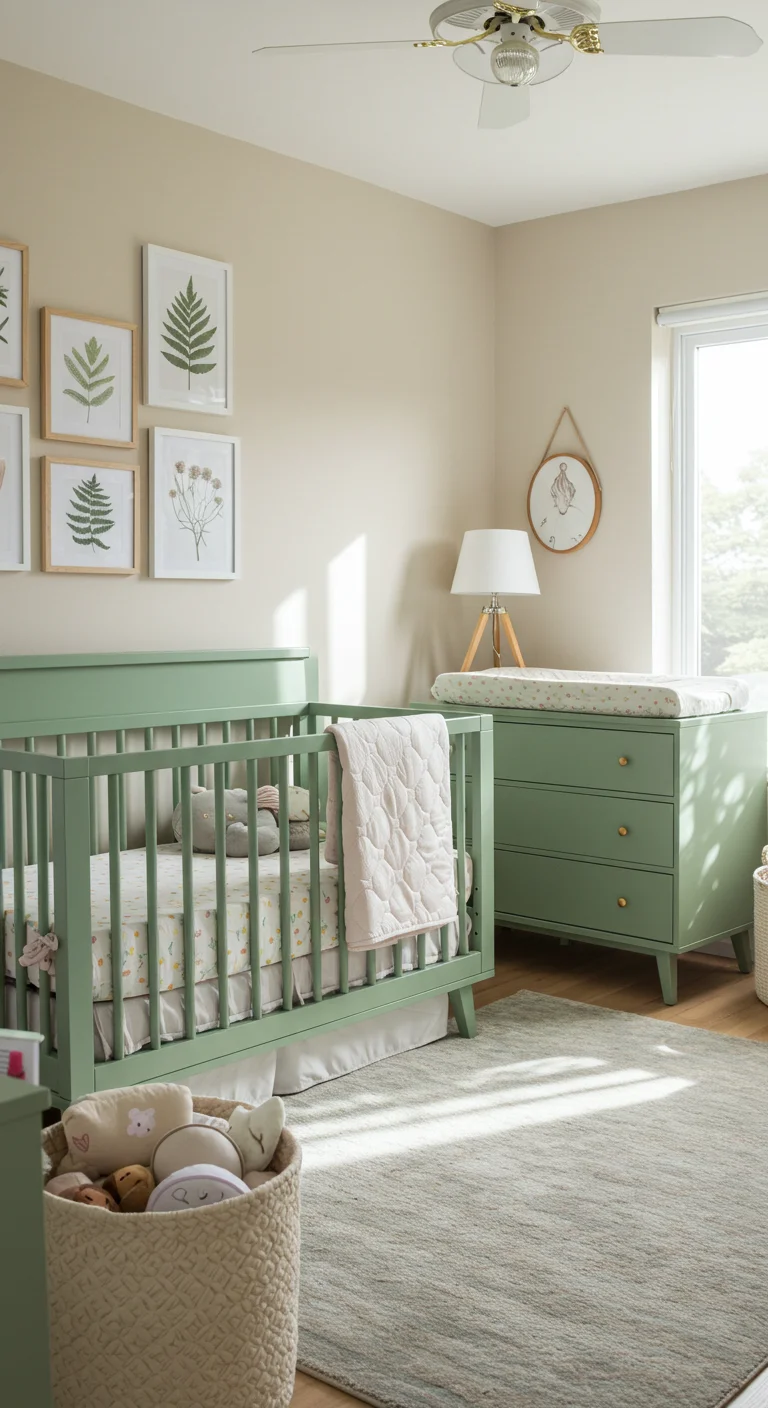 5. Chic Furniture: Sage Green Cribs and Changing Tables