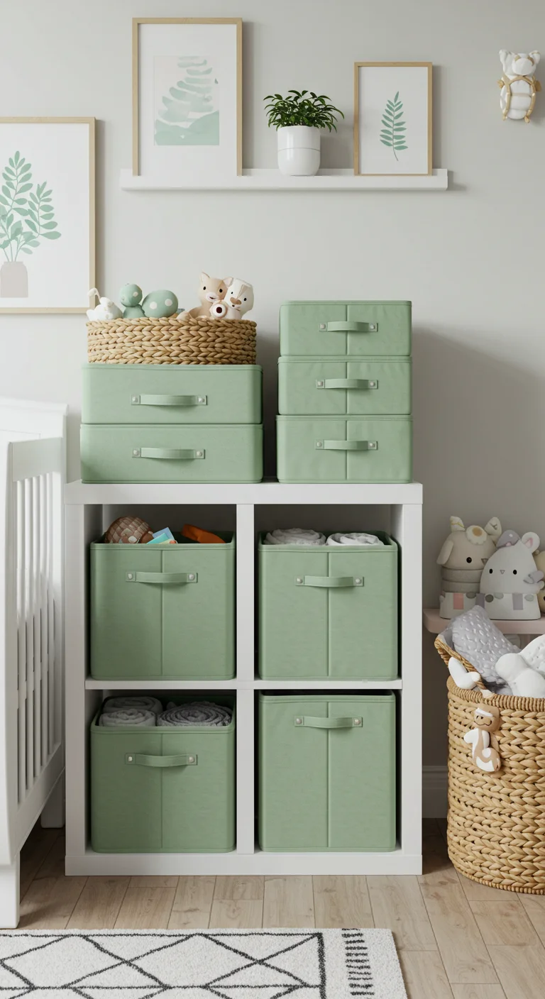 16. Storage Solutions: Sage Green Baskets and Organizers