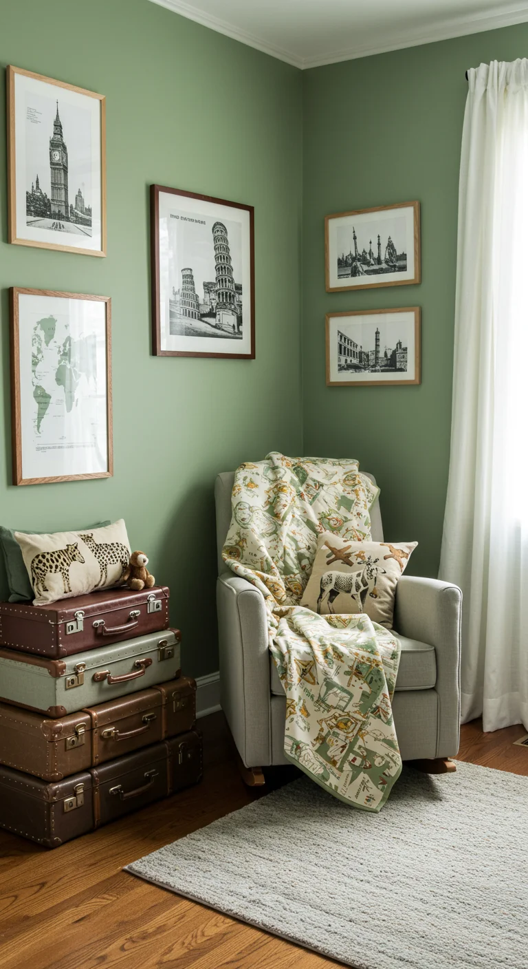 23. Adventure Awaits: Travel-Inspired Sage Green Decor