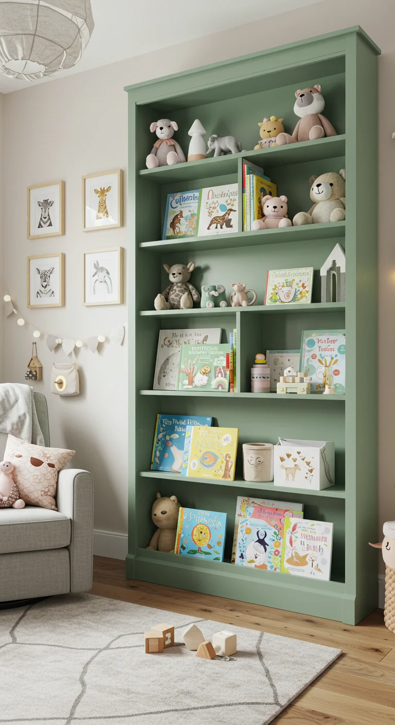25. Stylish Shelving: Sage Green Bookcases for Baby's Library