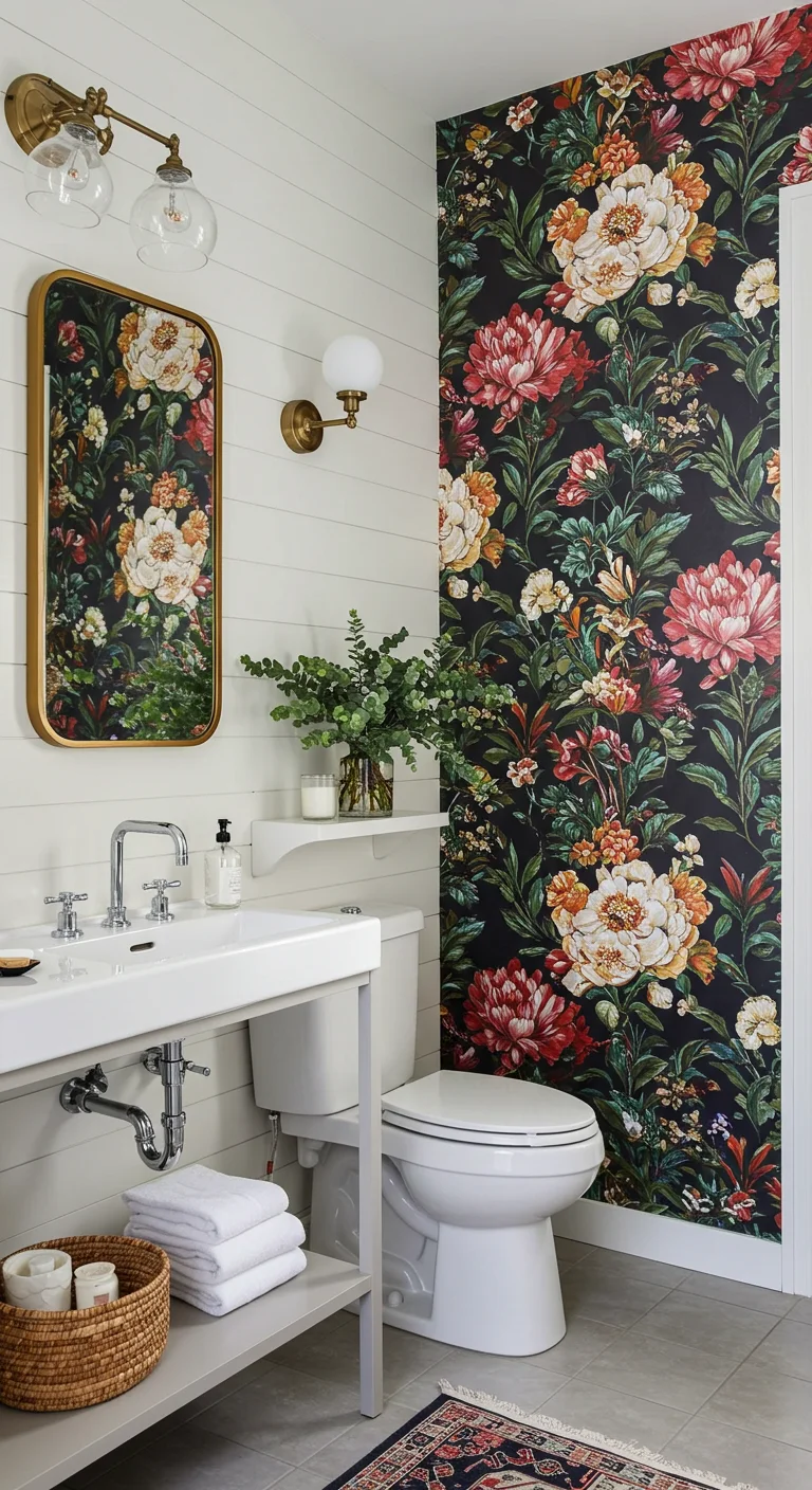 11. Eclectic Mix: Shiplap Against Bold Wallpaper Backdrops